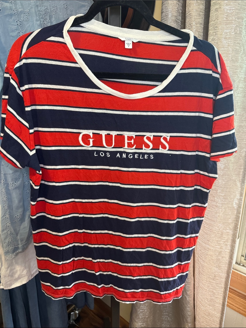 GUESS Striped Logo Tee in Red, Navy & White